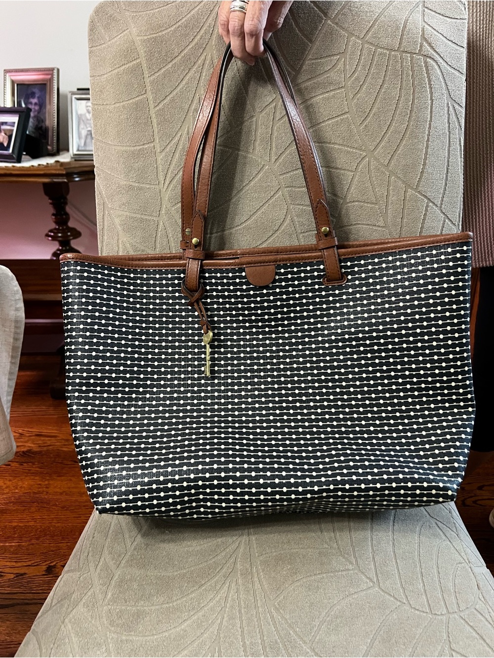 Fossil Woven Dot Pattern Tote Bag with Brown Trim